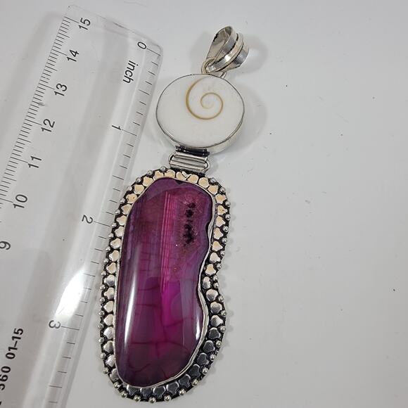 Handmade Silver Pendant with Pink Agate and Shiva Shell Accent - Picture 8 of 10